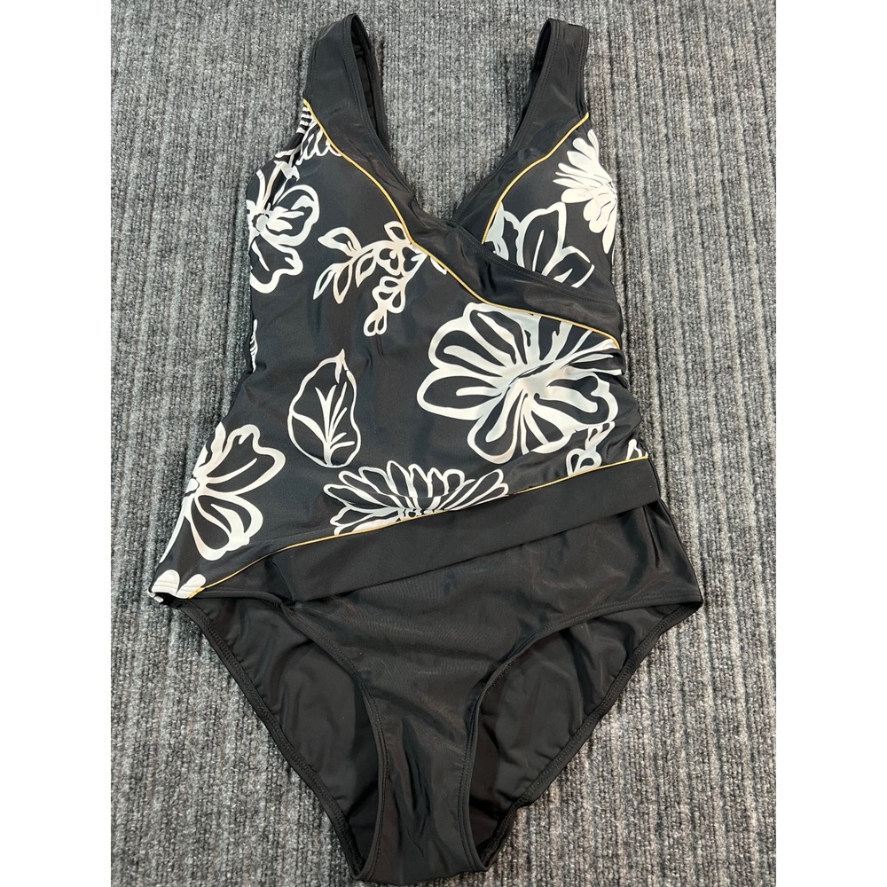 One Piece Swimsuit Women 12 Black Floral‎ Faux Wrap Built In Bra Your Best Look